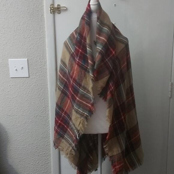 Plaid Fringe Blanket Scarf Wrap 51" x 54" Fall Winter Academia Cozycore Preppy - Picture 1 of 3